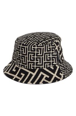 Balmain Mixed Monogram Bucket Hat in Ivory/Black