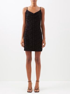 Balmain - Monogram Cotton-velvet Mini Dress - Womens - Black