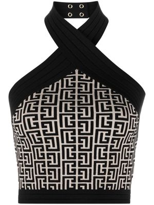 Balmain monogram jacquard halterneck knitted top - Black