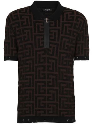 Balmain monogram-jacquard knitted polo shirt - Black