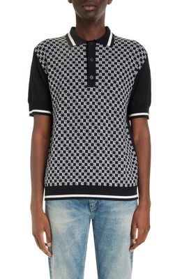 Balmain Monogram Jacquard Short Sleeve Merino Wool Polo Sweater in Eab Black/White