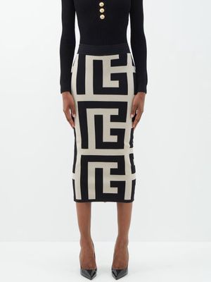 Balmain - Monogram-jacquard Wool-blend Pencil Skirt - Womens - Black Beige