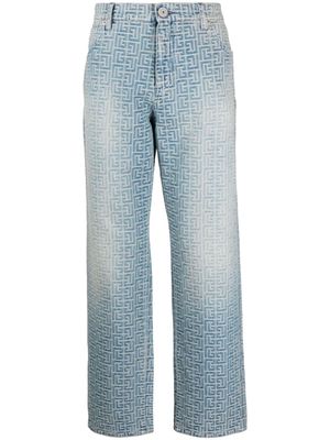 Balmain monogram-pattern cotton jeans - Blue