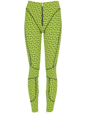 Balmain monogram-pattern zip-up leggings - Green