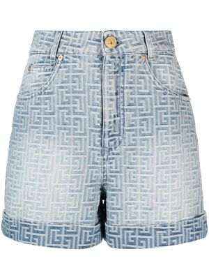 Balmain monogram-print cotton denim shorts - Blue