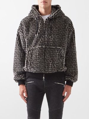 Balmain - Monogram-print Faux-fur Hooded Sweatshirt - Mens - Ivory Black