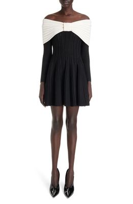 Balmain Off the Shoulder Colorblock Long Sleeve Knit Dress in Eer Black/Natural