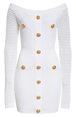 Balmain Off the Shoulder Long Sleeve Sweater Dress in White