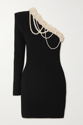 Balmain - One-shoulder Faux Pearl-embellished Ribbed-knit Mini Dress - Black