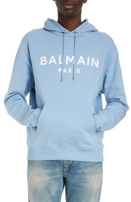 Balmain Organic Cotton Logo Graphic Hoodie in Slj Pale Blue/White