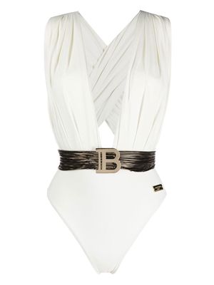 Balmain plunge-neck logo swimsuit - White