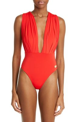 Balmain Plunge Neck One-Piece Swimsuit in Red