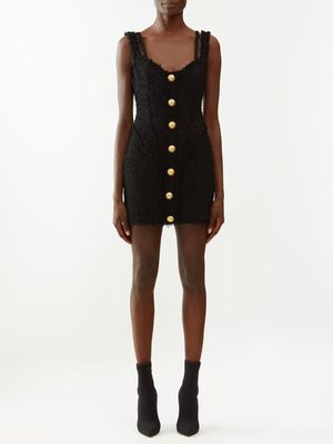 Balmain - Raw-edged Tweed Mini Dress - Womens - Black