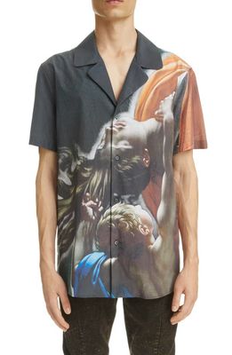 Balmain Renaissance Print Short Sleeve Cupro & Cotton Pajama Shirt in Black/Beige