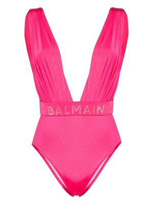 Balmain rhinestone-detailed draped swimsuit - Pink