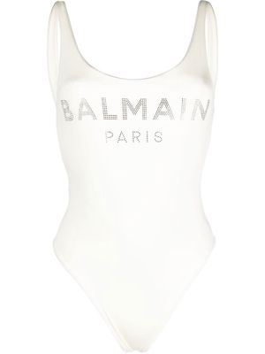Balmain rhinestone-logo swimsuit - Neutrals