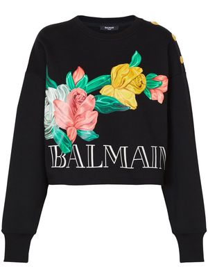 Balmain Rose-print cropped cotton sweatshirt - Black