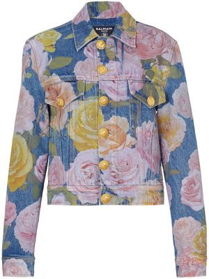 Balmain rose-print denim jacket - Blue