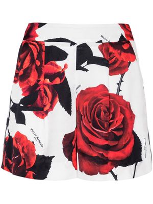 Balmain rose-print satin shorts - White
