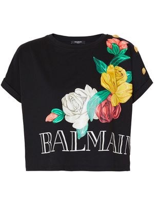 Balmain Roses-print cropped T-shirt - Black