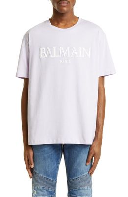 Balmain Rubber Logo Cotton T-Shirt in Light Lilac/White