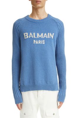 Balmain Rustic Logo Cotton Blend Crewneck Sweater in Blue Multi