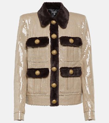 Balmain Sequined faux fur-trimmed jacket
