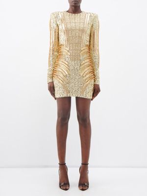 Balmain - Sequinned Long-sleeved Silk-blend Dress - Womens - Gold