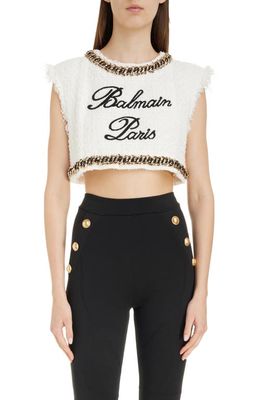 Balmain Signature Logo Embroidered Sleeveless Tweed Crop Top in Gab White/Black