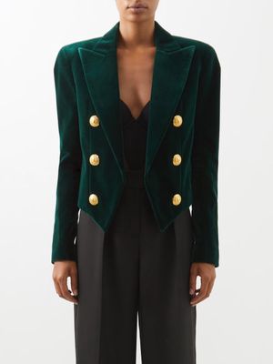 Balmain - Spencer Cropped Velvet Jacket - Womens - Dark Green