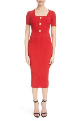 Balmain Square Neck Short Sleeve Rib Cotton Dress in 3Kb Bright Red