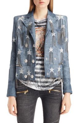 Balmain Star & Chain Embellished Leather Jacket in Blue And Silver