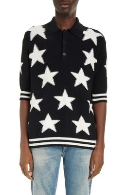Balmain Star Jacquard Polo Sweater in Eer Black/Natural