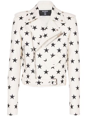 Balmain Stars embroidered leather biker jacket - White