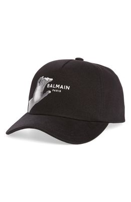 Balmain Statue Logo Print Cotton Twill Baseball Cap in Black/Grey