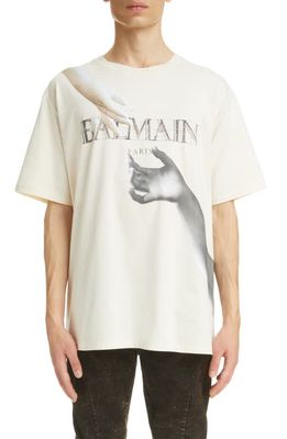 Balmain Statue Print Logo Cotton Graphic Tee in White/Brown