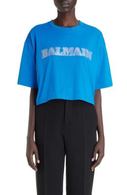 Balmain Strass Logo Embellished Crop T-Shirt in Cobalt/Multi