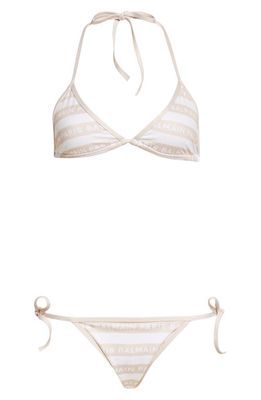 Balmain Stripe Logo Two-Piece Triangle Swimsuit in White/Beige