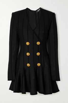 Balmain - Striped Button-embellished Mesh Mini Dress - Black