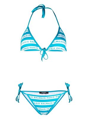 Balmain striped logo-print halterneck bikini - Blue