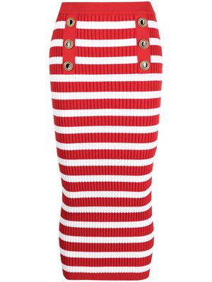 Balmain striped ribbed-knit midi skirt - Red