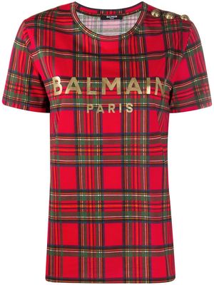 Balmain tartan logo-print T-shirt - Red