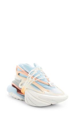 Balmain Unicorn Low Top Sneaker in White/Light Blue/Pow