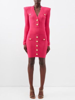 Balmain - V-neck Jacquard-knit Mini Dress - Womens - Pink
