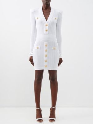 Balmain - V-neck Jacquard-knit Mini Dress - Womens - White