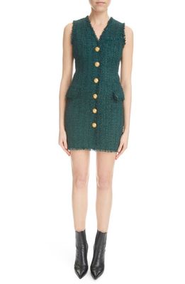 Balmain V-Neck Sleeveless Tweed Dress in 7Cx Dk Green