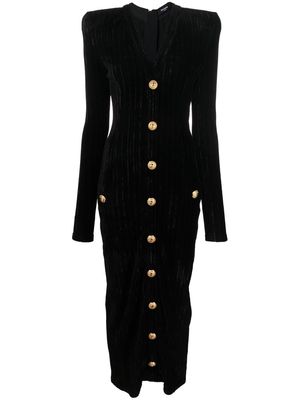 Balmain V-neck striped velvet buttoned dress - Black