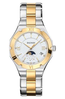 BALMAIN WATCHES Be Balmain Diamond Moon Phase Bracelet Watch, 33mm in Stainless Steel/Yellow Gold 