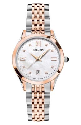 BALMAIN WATCHES Classic R Diamond Two-Tone Bracelet Watch, 34mm in Stainless Steel/Rose Gold 