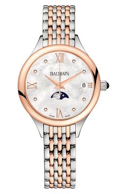 BALMAIN WATCHES Mother-of-Pearl Diamond Moon Phase Bracelet Watch, 31mm in Stainless Steel/Rose Gold 